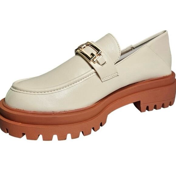 TRENDING PLATFORM LOAFERS FAUX LEATHER White/Tan CHUNKY SOLE NEUTRAL 8.5 - Picture 8 of 13